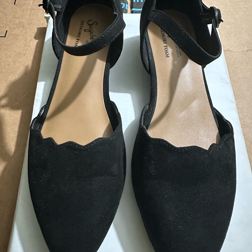 Seychelles Black Scalloped Pointed Ankle-Strap Flats